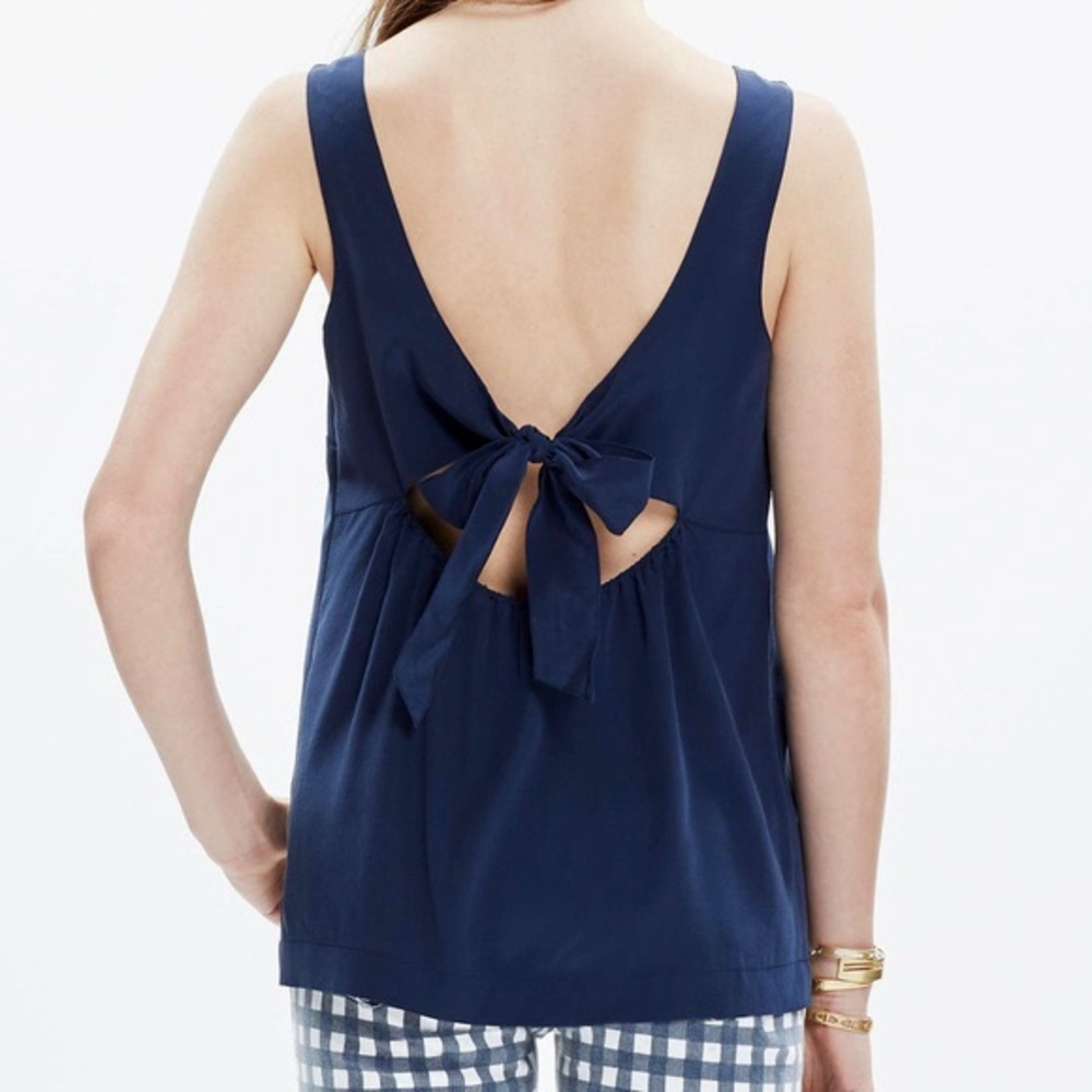 Madewell silk tank with tie back, size Small, navy blue